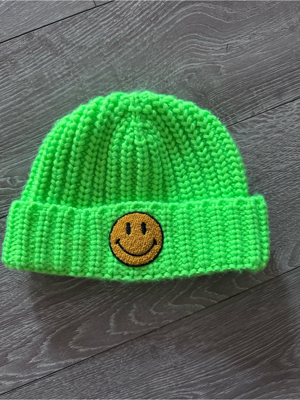 Neon Green Knit Beanie with Smiley Patch